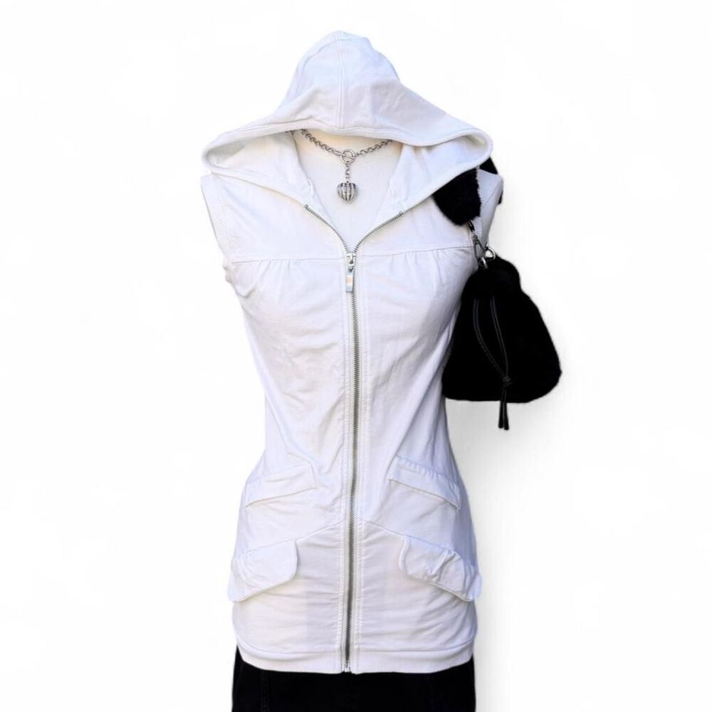MM Couture By Miss Me White Sleeveless Zipper Hoodie With Pockets Size S-M